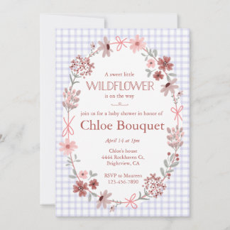 005 Iris Lila Wilde Blume Schleife Gingham Baby Sh Einladung