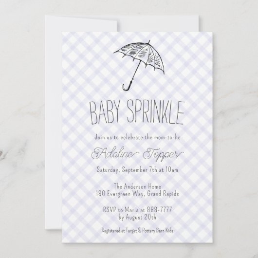 005 Iris Moderner Regenschirm Gingham Baby Sprinkl Einladung (Vorderseite)