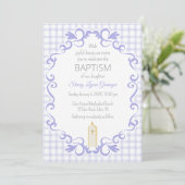 005 Iris Scroll Gingham Kreuz Kerze Taufe Einladung (Stehend Vorderseite)