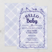 005 Iris Watercolor Gingham Birds Baby Shower Einladung (Vorne/Hinten)