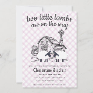006 Wein Purpur 2 Kleine Lämmer Gingham Baby Showe Einladung