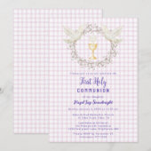 006 Wein Täubchen & Gingham-Kelch Erstkommunion Einladung (Vorne/Hinten)