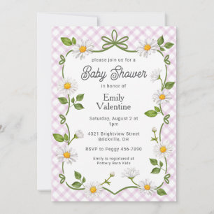 006 Wein Violett Floral Gänseblümchen Kariert Baby Einladung