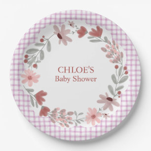 006 Weinlila Wildblumen-Bogenrahmen Gingham Pappteller