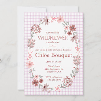 006 Weinlila Wilde Blume Schleife Gingham Baby Sho Einladung