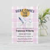 006 Wine 020 Fog Sun Plaid Stork Baby Shower Einladung (Stehend Vorderseite)