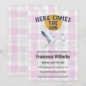 006 Wine 020 Fog Sun Plaid Stork Baby Shower Einladung (Vorne/Hinten)