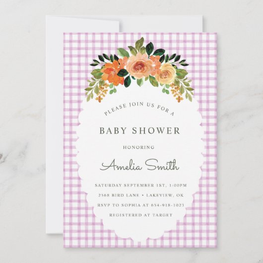 006 Wine Floral Gingham Baby Shower Invitations Einladung (Vorderseite)