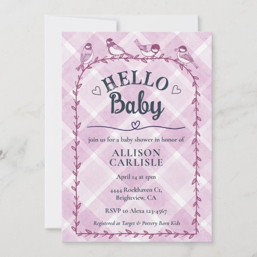 006 Wine Watercolor Gingham Birds Baby Shower Einladung (Vorderseite)