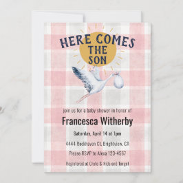 007 Red 020 Fog Sun Plaid Stork Baby Shower Einladung