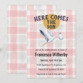 007 Red 020 Fog Sun Plaid Stork Baby Shower Einladung (Vorne/Hinten)