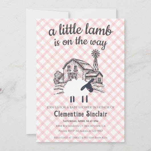 007 Red A Little Lamb Farm Gingham Baby Shower Einladung (Vorderseite)