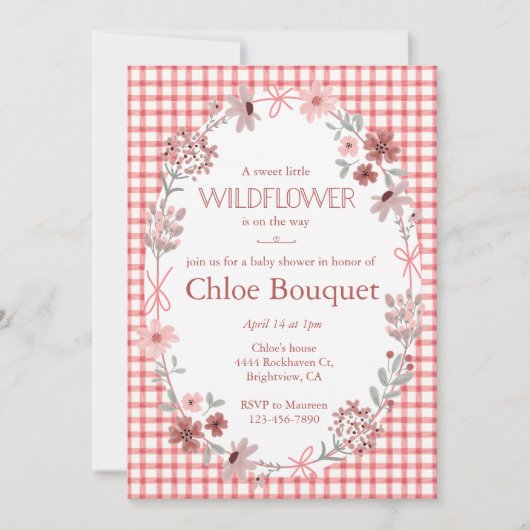 007 Red Boho Wildflower Bow Gingham Baby Shower Einladung (Vorderseite)