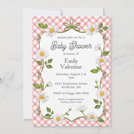 007 Red Floral Daisy Plaid Baby Shower Einladung (Vorderseite)