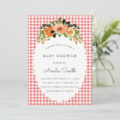 007 Red Floral Gingham Baby Shower Invitations Einladung (Stehend Vorderseite)