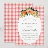 007 Red Floral Gingham Baby Shower Invitations Einladung (Vorne/Hinten)