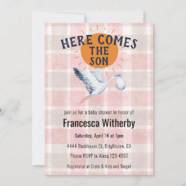 007 Red Watercolor Plaid Stork Boho Baby Shower Einladung