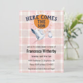 007 Roter Wasserfarbplaid-Storch-Boho-Baby-Shower Einladung (Stehend Vorderseite)