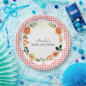 007 Rotes Blumen-Gingham-Baby-Shower Pappteller (Party)