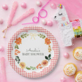 007 Rotes Blumen-Gingham-Baby-Shower Pappteller (Party)