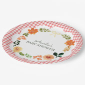 007 Rotes Blumen-Gingham-Baby-Shower Pappteller (Schrägansicht)