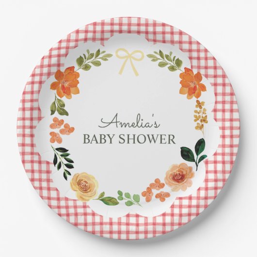 007 Rotes Blumen-Gingham-Baby-Shower Pappteller (Vorderseite)