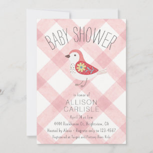 007 Rotes Süßes Blumen-Vogel-Gingham-Baby-Shower-E Einladung