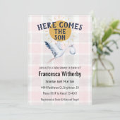 008 Blush 020 Fog Sun Plaid Stork Baby Shower Einladung (Stehend Vorderseite)