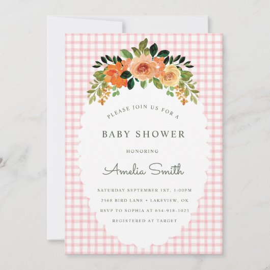 008 Blush Floral Gingham Baby Shower Invitations Einladung (Vorderseite)