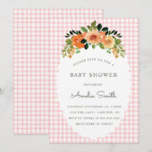 008 Blush Floral Gingham Baby Shower Invitations Einladung (Vorne/Hinten)