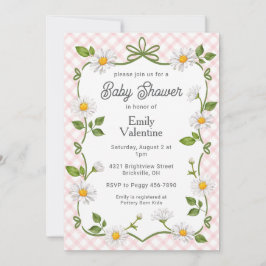008 Blush Pink Floral Daisy Plaid Baby Shower Einladung