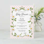 008 Blush Pink Floral Daisy Plaid Baby Shower Einladung (Stehend Vorderseite)