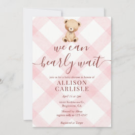 008 Blush Pink Teddy Bear Gingham Baby Shower Einladung