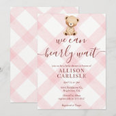 008 Blush Pink Teddy Bear Gingham Baby Shower Einladung (Vorne/Hinten)