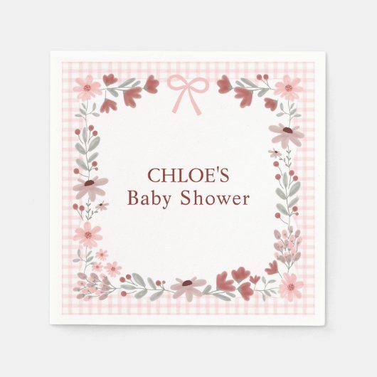 008 Blush Pink Wildflower Bow Gingham Shower Serviette (Vorderseite)