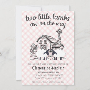 008 Erröten 2 Kleine Lämmer Bauernhof Gingham Baby Einladung