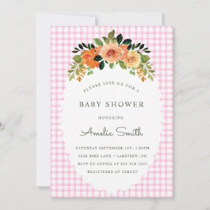 009 Fuchsia Floral Gingham Baby Shower Einladungen