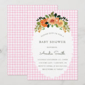 009 Fuchsia Floral Gingham Baby Shower Einladungen (Vorne/Hinten)