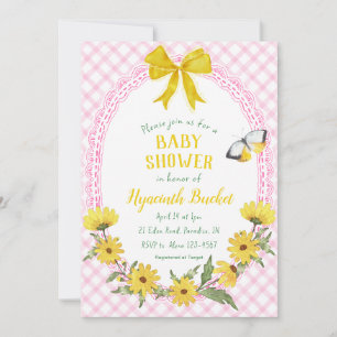 009 Fuchsia Gelbe Gänseblümchen Schleife Gingham B Einladung