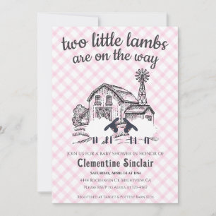 009 Fuchsia Kleine Lämmer Bauernhof Gingham Baby-P Einladung