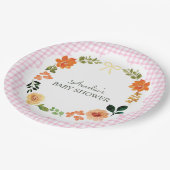 009 Fuchsia Rosa Florale Gingham Babyparty Pappteller (Schrägansicht)