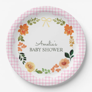 009 Fuchsia Rosa Florale Gingham Babyparty Pappteller