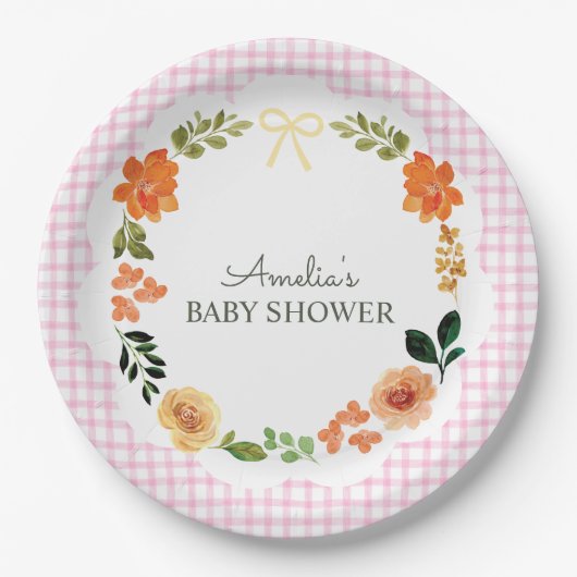 009 Fuchsia Rosa Florale Gingham Babyparty Pappteller (Vorderseite)