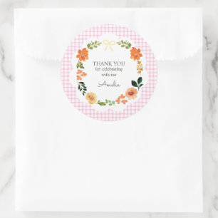 009 Fuchsia Rosa Florale Gingham Babyparty Runder Aufkleber