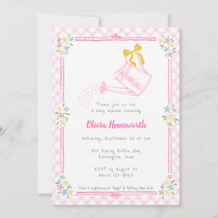 009 Fuchsia Rosa Gingham Gießkanne Babyparty Einladung
