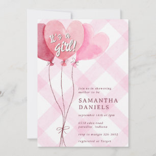 009 Fuchsia Rosa Herzballon Gingham Babyparty Einladung