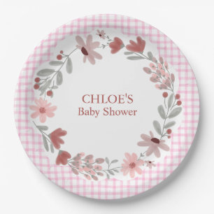 009 Fuchsia Rosa Wildflower-Bogenrahmen Gingham Pappteller