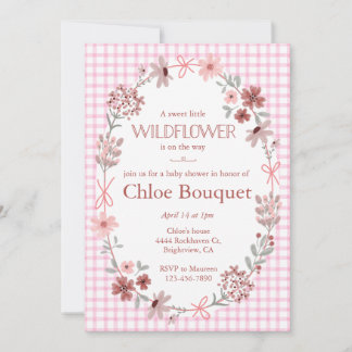009 Fuchsia Rosa Wildflower Gingham Babyparty-Einl Einladung