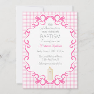 009 Fuchsia Scroll Gingham Kreuz Kerze Taufe Einladung