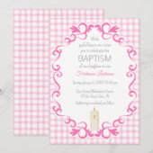 009 Fuchsia Scroll Gingham Kreuz Kerze Taufe Einladung (Vorne/Hinten)
